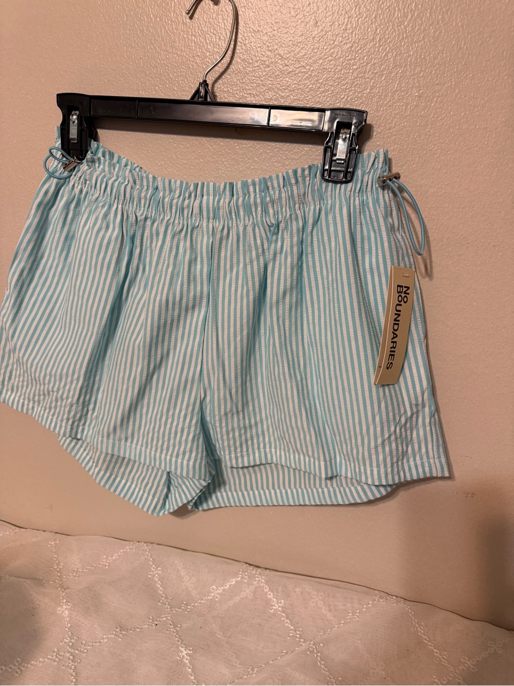 No Boundaries Aqua and White Stripe Women’s Athletic Shorts